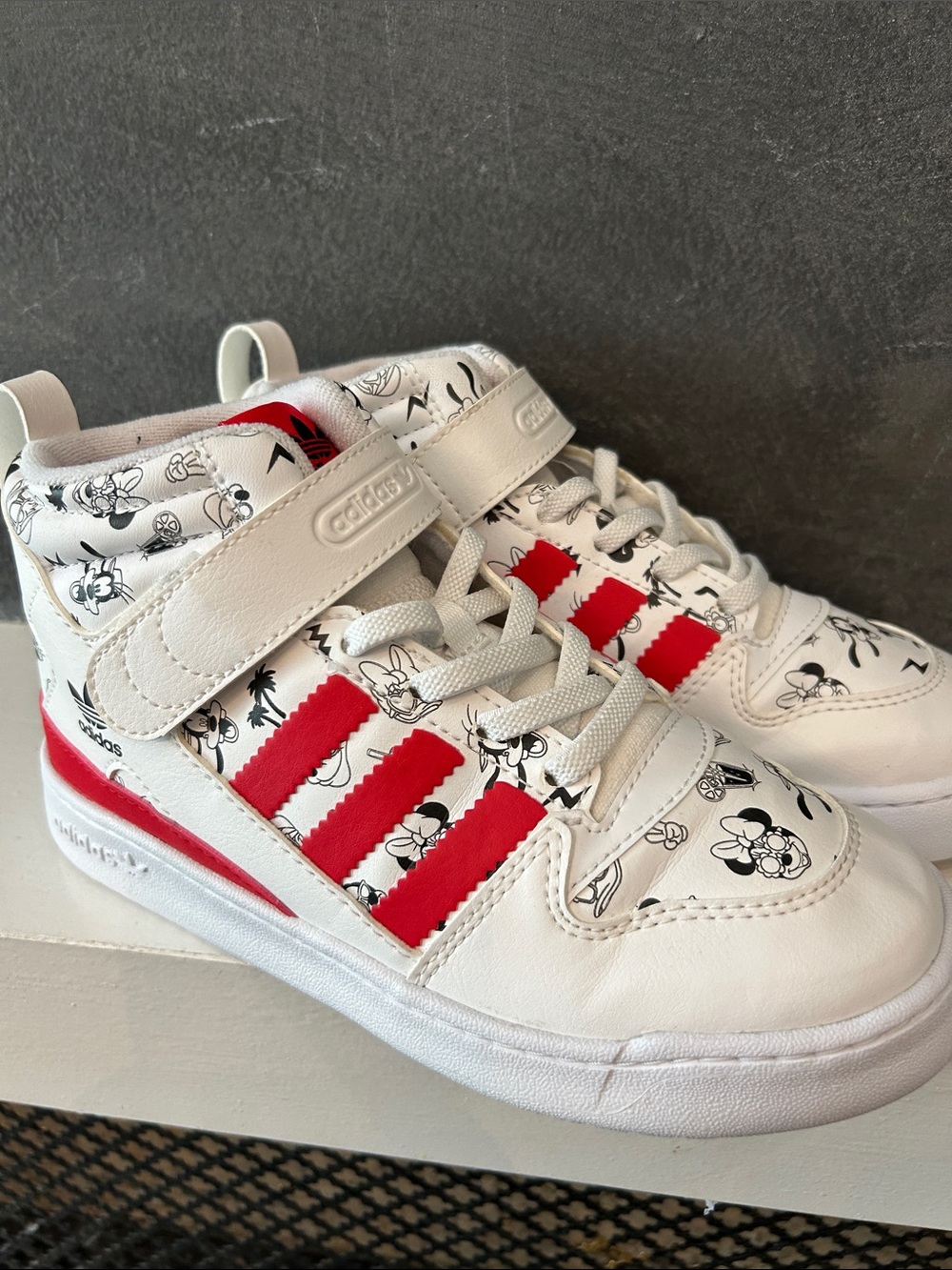 adidas White & Red Kids High-Top Sneakers with Mickey Mouse Print